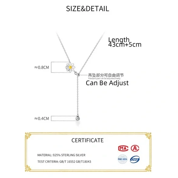 Flower Daisy sterling silver necklace adjustable design floral jewelry - Picture 8 of 9